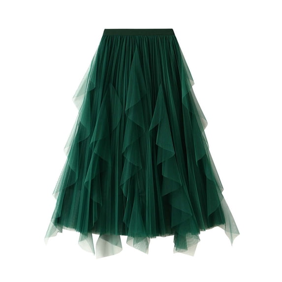 Jamsmile Women Skirts High Waisted Ruffled Mesh Skirts Mid Length Pleated Vacation Holiday Princess Puffy Ballet Tutu Skirts