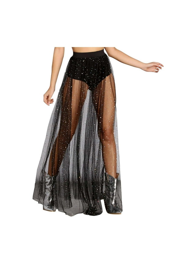 Women Skirts Ladies Nightclub Chic Sheer Pleated Sequin Lace Pencil Skirt High Waist Glitter Tulle A Line Midi Skirts