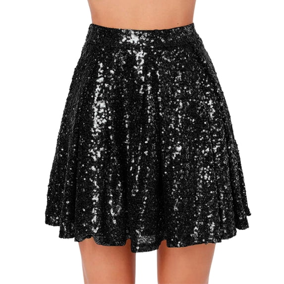 Jamsmile Women Skirts Sequin High Waist Pleated Solid Color Loose Glitter Short Stretch Sparkly Night Party Clubwear Skirts