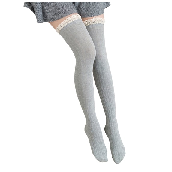 Jamsmile Women Stockings Knitted Solid Color High Thigh Splice Lace Long Stocking Over The Knee Socks
