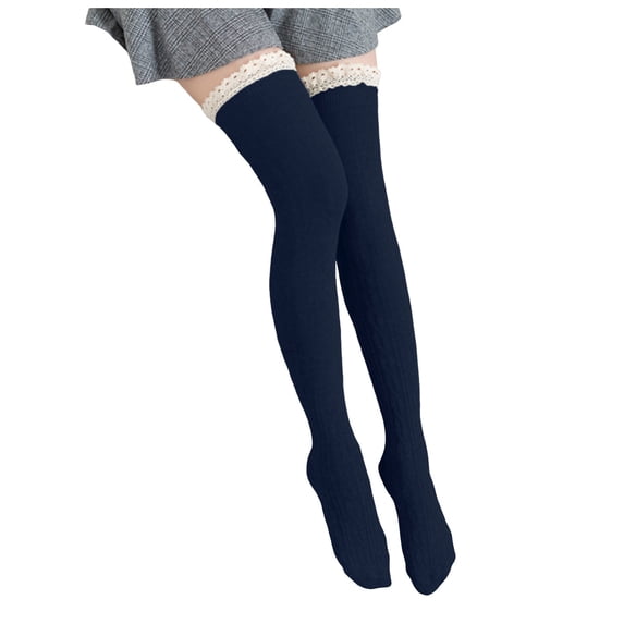 Jamsmile Women Stockings Knitted Solid Color High Thigh Splice Lace Long Stocking Over The Knee Socks