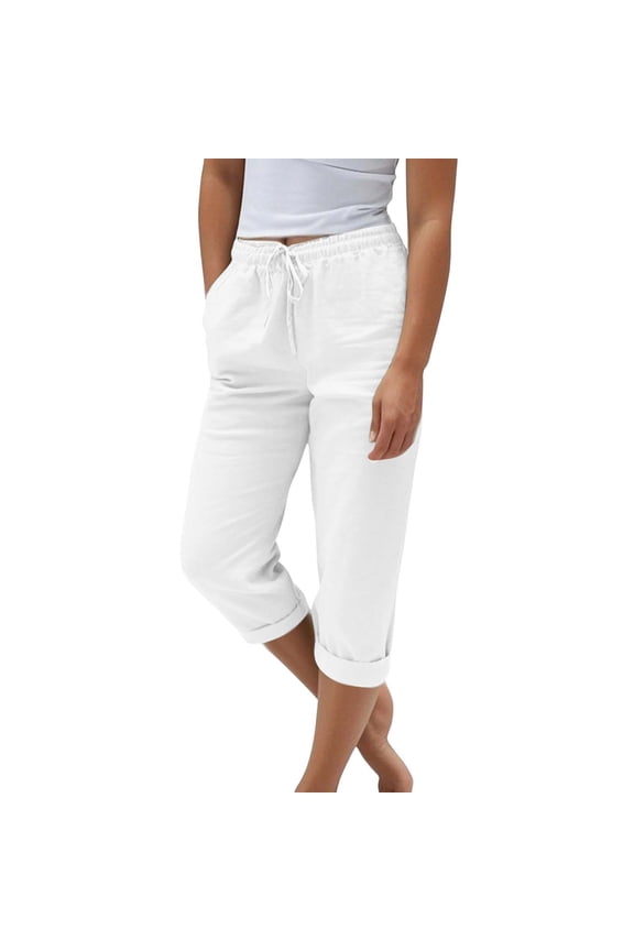 Women Summer Beach Pants Solid Color Trousers Bottoms With Pockets Drawstrings Casual Trousers Vacation Palazzo Pants
