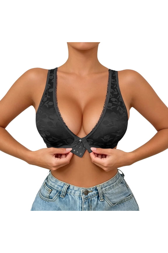 Women T-Shirt Bras Seamless Front Closure Sports Bralette Shiny Lace Trim Non Padded Wirefree Comfort Gym Running Bra