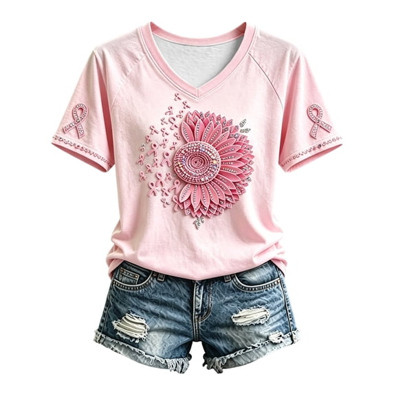 Jamsmile Women T-Shirts Cancer Awareness Month Print Short Sleeve Tee Shirts Graphic Pink Ribbon Casual Tshirts Tops