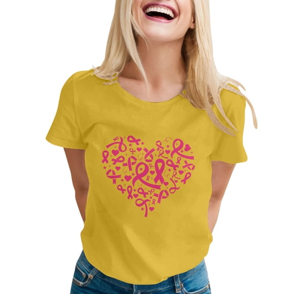 Jamsmile Women T-Shirts Casual Cancer Awareness Month Tee Shirts Tops Short Sleeve Pink Ribbon Print Ladies Tshirts