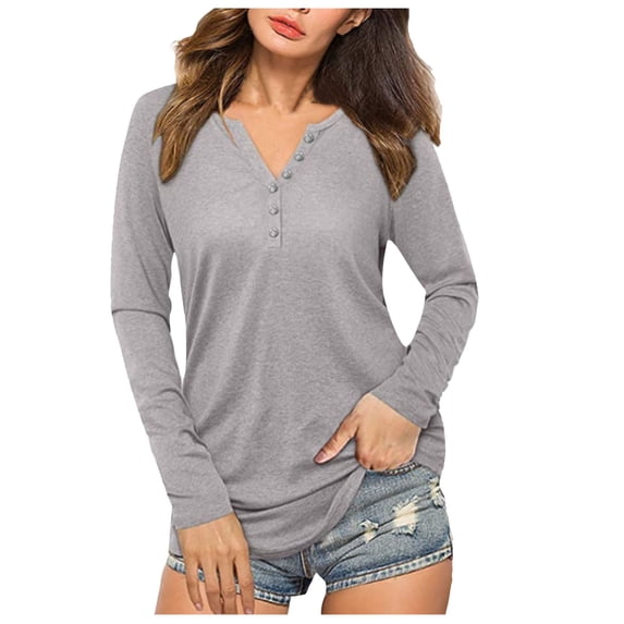 Jamsmile Women T-Shirts Casual Spring Solid Color Long Sleeve Buttons Down T-Shirts Loose V-Neck Oversized Basic Tops
