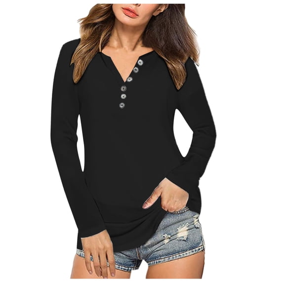 Jamsmile Women T-Shirts Casual Spring Solid Color Long Sleeve Buttons Down T-Shirts Loose V-Neck Oversized Basic Tops