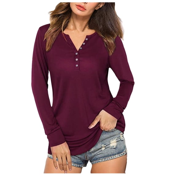 Jamsmile Women T-Shirts Casual Spring Solid Color Long Sleeve Buttons Down T-Shirts Loose V-Neck Oversized Basic Tops