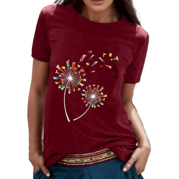 Jamsmile Women T-Shirts Crop Tops Dandelion Print Casual Loose O-Neck Letter T Shirts Tops Short Sleeves Oversize Tee Shirts