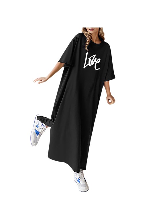 Women T Shirts Dress Summer Loose Casual Gothic Letters Print Short Sleeve Long Dresses Vintage Cute Beach Sundress