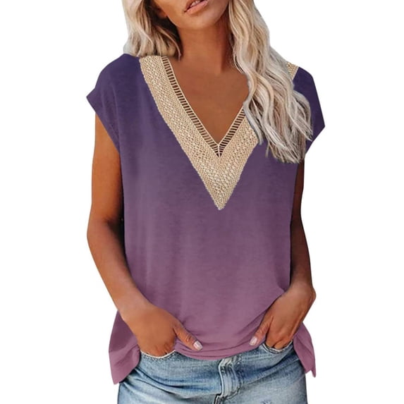 Jamsmile Women T-Shirts Graffiti Print V Neck Tops Short Sleeve Lace Neck Tee Shirts Print Flower Loose Side Split Tunic Tshirts