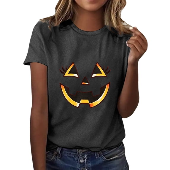 Jamsmile Women T-Shirts Graphic Halloween Print Tee Shirts Comfort Soft Short Sleeve Tops Vacation Loose Fit Trendy T‑Shirts