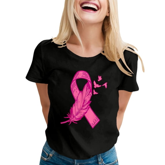 Jamsmile Women T-Shirts Graphic Tee Cancer Awareness Short Sleeve Tops Crewneck Pink Ribbon Print Trendy Graphic T Shirts