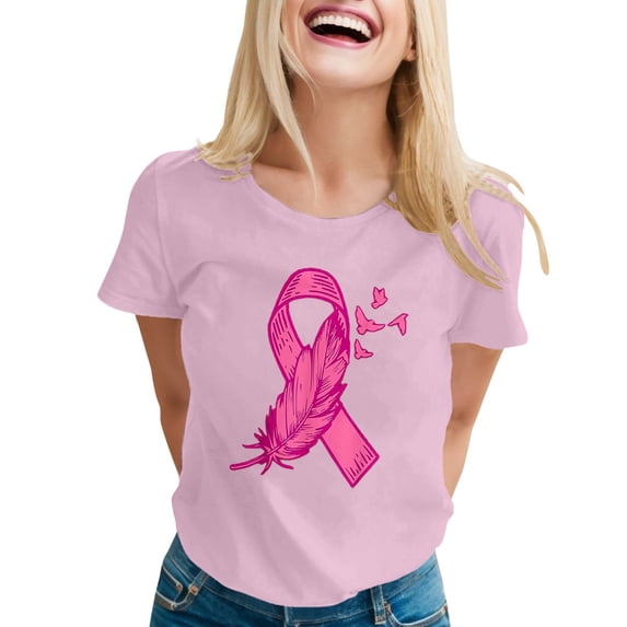 Jamsmile Women T-Shirts Graphic Tee Cancer Awareness Short Sleeve Tops Crewneck Pink Ribbon Print Trendy Graphic T Shirts