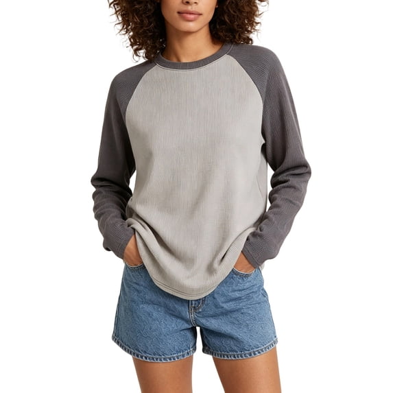 Jamsmile Women T-Shirts Long Sleeve Solid Color Splicing Casual Loose T Shirts Tops Crew Neck Oversize Athletic Tee Shirts