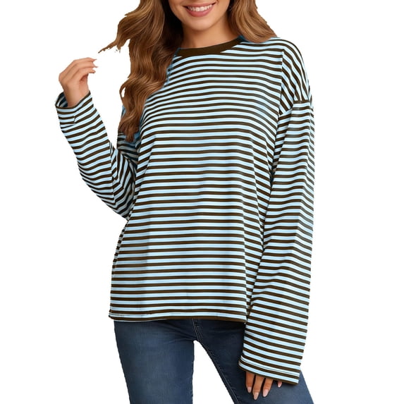 Jamsmile Women T-Shirts Long Sleeve Striped Print T Shirts Casual Solid Color Loose Crewneck Oversized Baggy Tees Shirts Tops