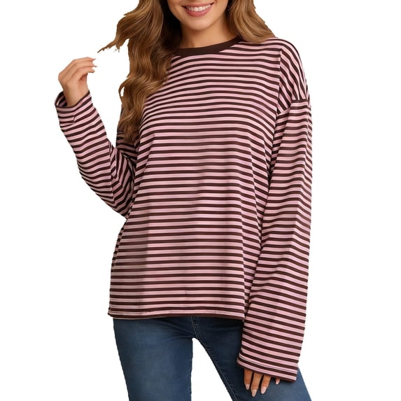 Jamsmile Women T-Shirts Long Sleeve Striped Print T Shirts Casual Solid Color Loose Crewneck Oversized Baggy Tees Shirts Tops