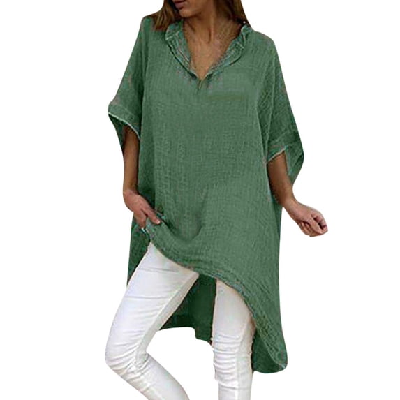 Jamsmile Women T-Shirts Long Tops Summer Casual Loose V-Neck Tees Short Sleeve Solid Color Boho Beach Holiday Shirts