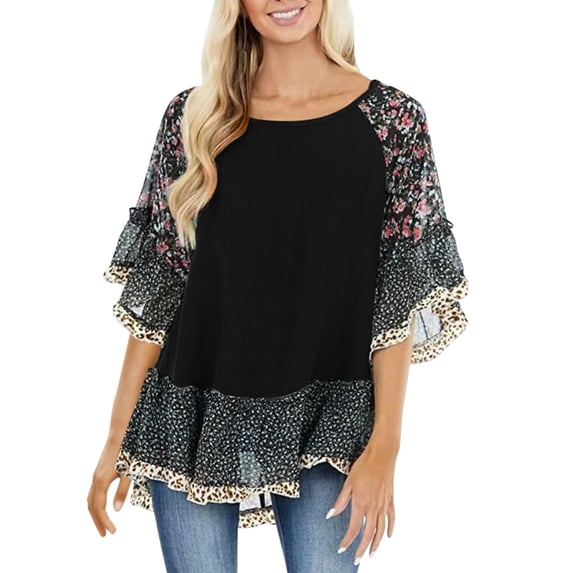 Jamsmile Women T-Shirts Summer Bat Sleeve Color Matching Floral Print Half Sleeve T Shirts Oversize Bohemian Pullovers Tops