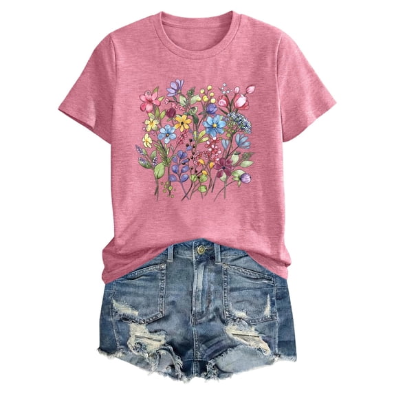 Jamsmile Women T-Shirts Summer Flowers Print Crew Neck T Shirts Short Sleeves Casual Tunic Loose Ladies Basic Tee Shirts Tops