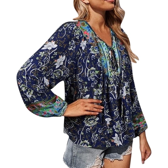 Jamsmile Women T-Shirts Tops Summer Bohemian Style Loose V Neck Floral Print Loose Casual Long Sleeves Boho Beach Shirts