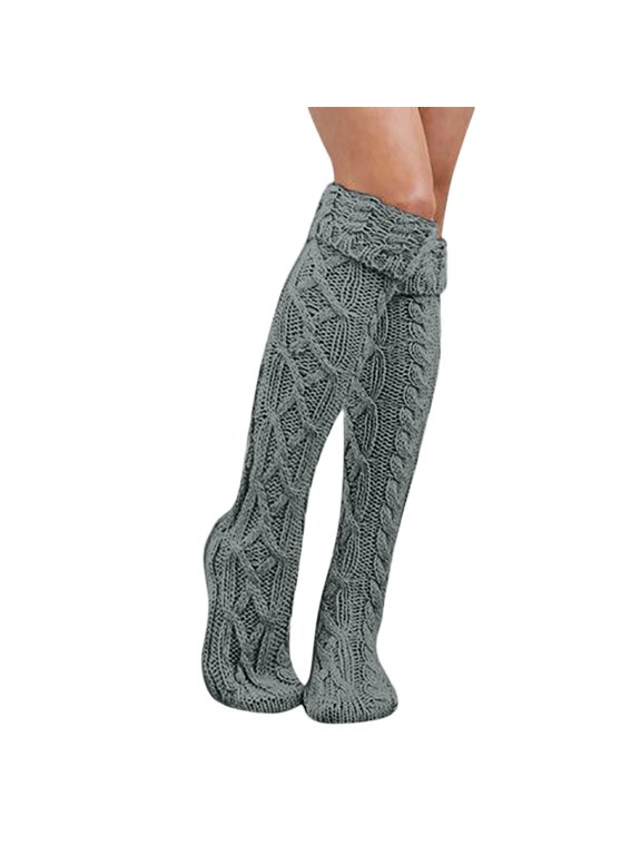 Women Thigh-high Socks Grey Cable Knit High Knee Warm The Thigh Soft Ladies Holiday Dress Socks