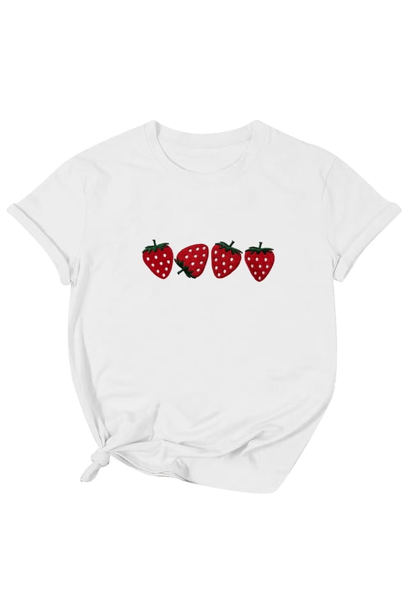 Women Tshirts Casual Loose Embroidery Strawberry Crewneck Tee Shirts Short Sleeve Tops Comfort Summer T-Shirts