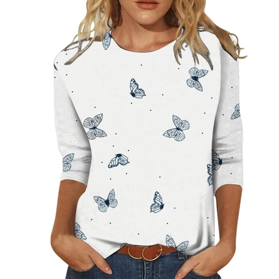 Jamsmile Women Tshirts Casual Summer Butterfly Print O Neck Three Quarter Sleeve T Shirts Tops Classic Trendy Casual Tees Tops