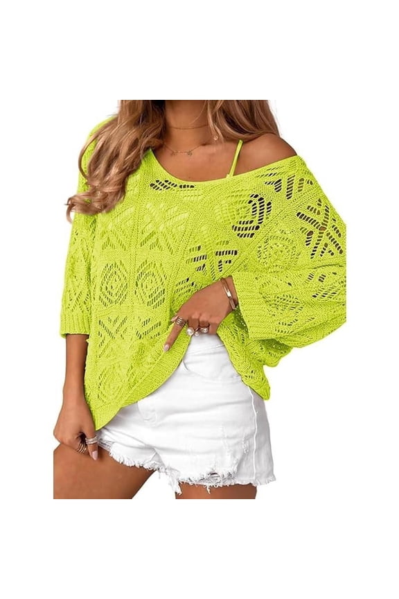Women Tshirts Crochet Knit Loose Fit Lace Yoke Short Sleeve Pullover Top Casual Summer Blouse Tunic Shirt