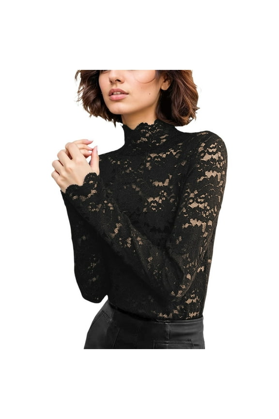 Women Tshirts Embroidery Floral Lace Tops Long Sleeve See Through Mesh Shirts Slim Fit Party Soft Tee Shirts