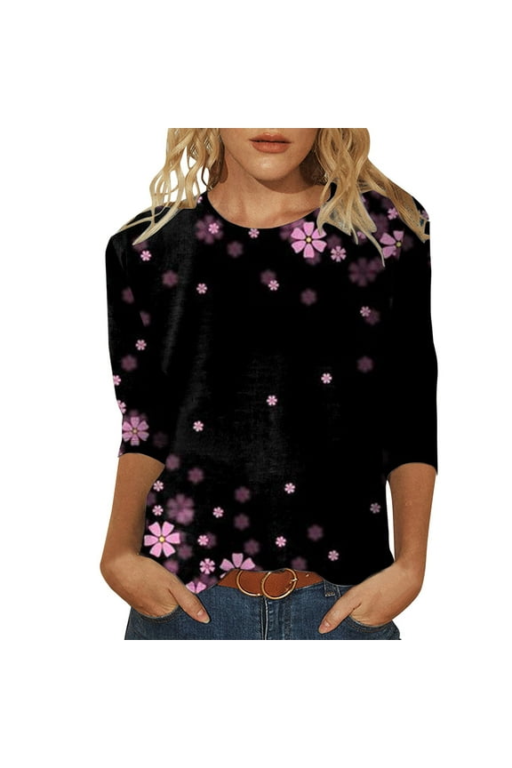 Women Tshirts Floral Print Three Quarter Sleeve Round Neck Tee Shirts Flower Print Loose Side Split Tunic T-Shirts