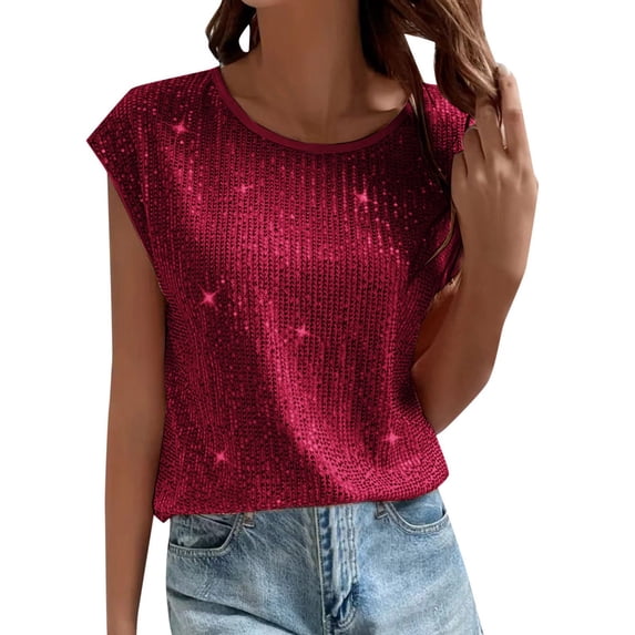 Jamsmile Women Tshirts Sequin Sleeveless Tops Summer Solid Color Round Neck T Shirt Tanks Tops Party Clubwear Tee Shirts