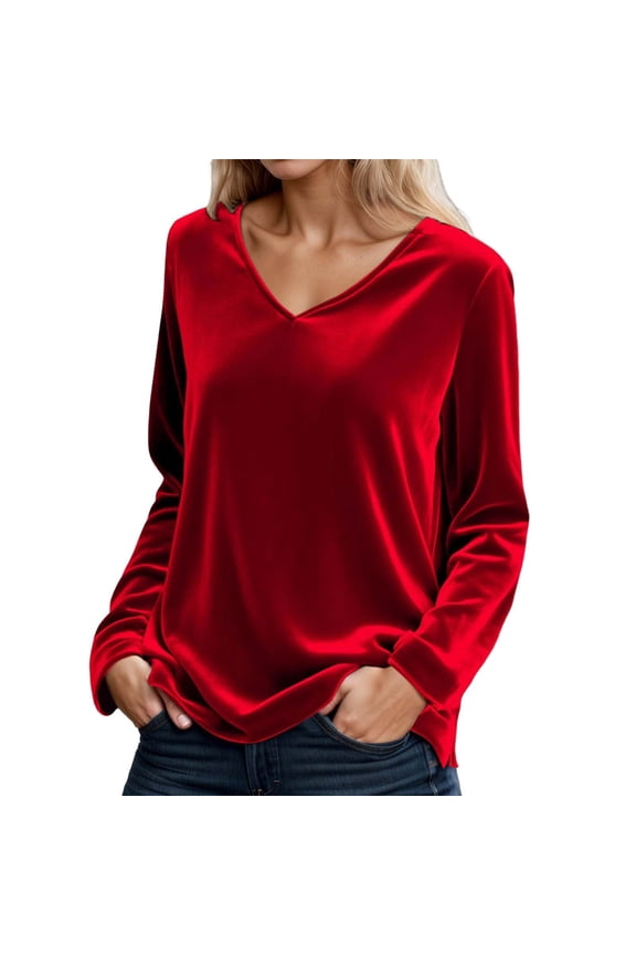 Women Tshirts Solid Color Autumn Winter Velvet Long Sleeve V Neck Loose T Shirts Warm Comfort Shirts Tops