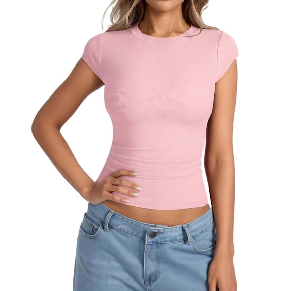 Jamsmile Women Tshirts Solid Crop Tops Ribbed Knit T Shirt Short Sleeve Crew Neck Slim Fit Basic Top Soft Stretch Casual Tee Shirt