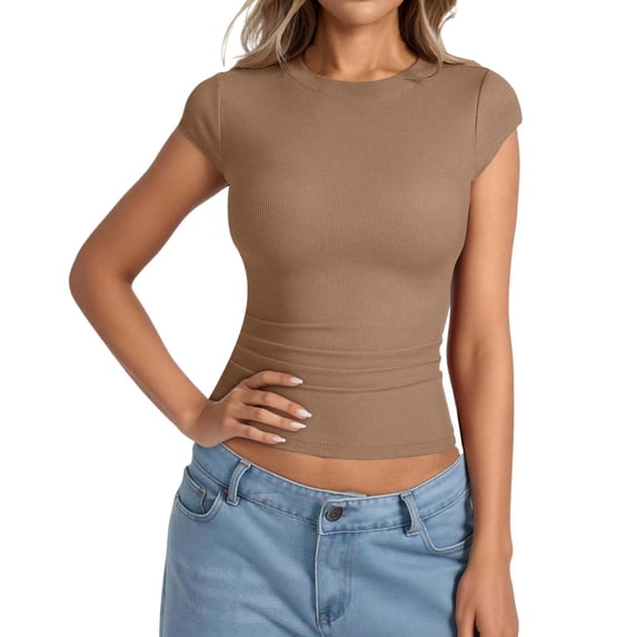 Jamsmile Women Tshirts Solid Crop Tops Ribbed Knit T Shirt Short Sleeve Crew Neck Slim Fit Basic Top Soft Stretch Casual Tee Shirt