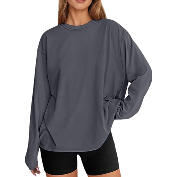 Jamsmile Women Tshirts Spring Oversized Long Sleeve Solid Color T Shirts Casual Basic Round Neck Fall T-Shirts Tops