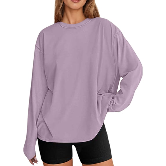 Jamsmile Women Tshirts Spring Oversized Long Sleeve Solid Color T Shirts Casual Basic Round Neck Fall T-Shirts Tops