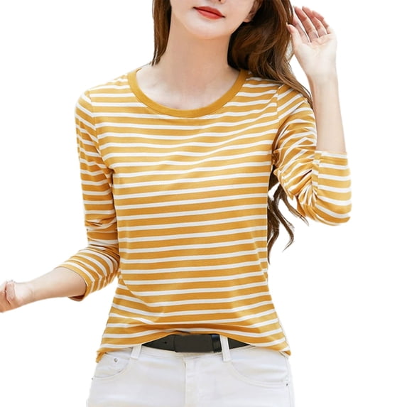 Jamsmile Women Tshirts Spring Round Neck Color Contrast Striped Print Long Sleeve T Shirts Loose Tunic Retro Tees Tops