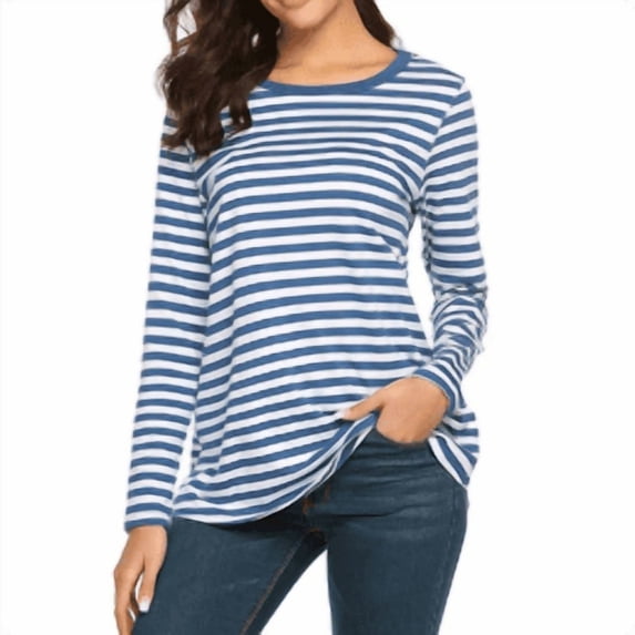 Jamsmile Women Tshirts Summer Basic Round Striped Print T-Shirts Crew Neck Shirts Long Tunic Sleeve Soft T Shirts Tops