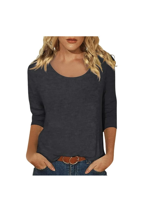 Women Tshirts Summer Casual Solid Color Crew Neck Low Cut 3/4 Sleeve T Shirts Comfort Lightweight Tees Tshirts