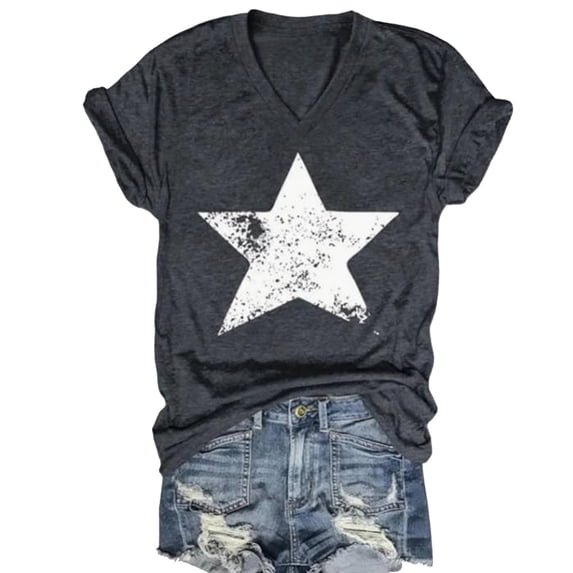 Jamsmile Women Tshirts Summer Casual Stars Print V Neck Short Sleeve T Shirts Loose Basic Graphic Tees Shirts Clothes
