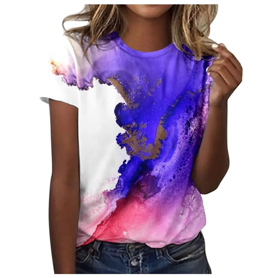 Jamsmile Women Tshirts Summer Colorful Marble Print Short Sleeve O Neck T Shirts Tops Athletic Graphic Casual Tee Shirts Tops