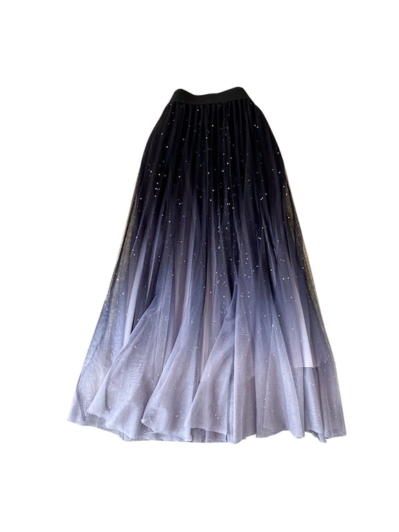 Women Tulle Skirts Starry Sky Gradient Print Mesh Skirts High Waist A Line Pleated Long Princess Drawstrings Skirts