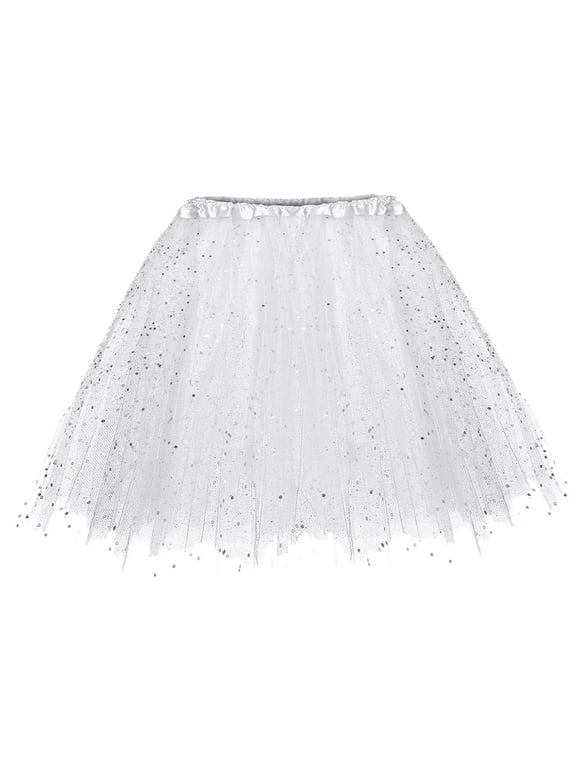 Women Tulle Tutu Skirts Vintage Three Layer Tutu Skirts Half Shaggy Highlights Glitter Mesh Pleated A-Line Skirts