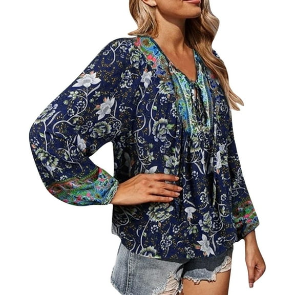 Jamsmile Womens Blouses Tops Bohemian Style Summer Loose V Neck Floral PrinTshirts Loose Casual Long Sleeves Boho Blouse