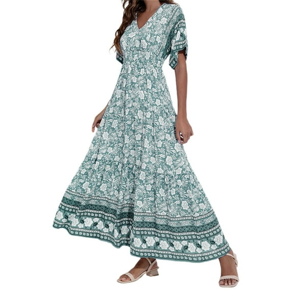 Jamsmile Womens Boho Dress Summer Bohemian Style Short Sleeve Floral Print Maxi Dresses Casual Beach Holiday Swing Long Sundress