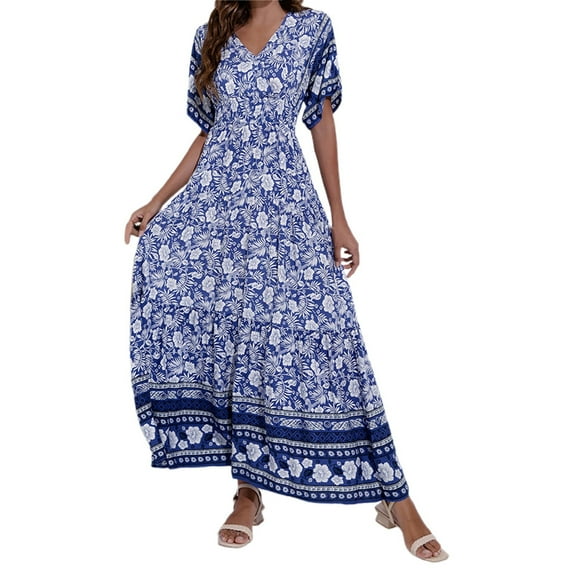 Jamsmile Womens Boho Dress Summer Bohemian Style Short Sleeve Floral Print Maxi Dresses Casual Beach Holiday Swing Long Sundress