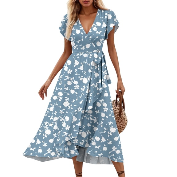 Jamsmile Womens Boho Maxi Dress Bohemian Style Summer Floral Print Short Sleeve High Waist Dresses Elegant Beach Long Dresses