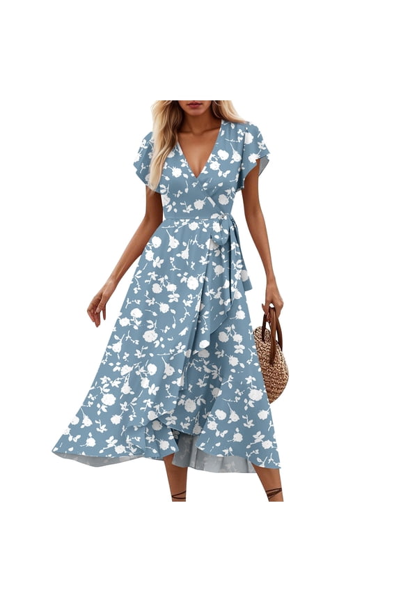 Womens Boho Maxi Dress Bohemian Style Summer Floral Print Short Sleeve High Waist Dresses Elegant Beach Long Dresses