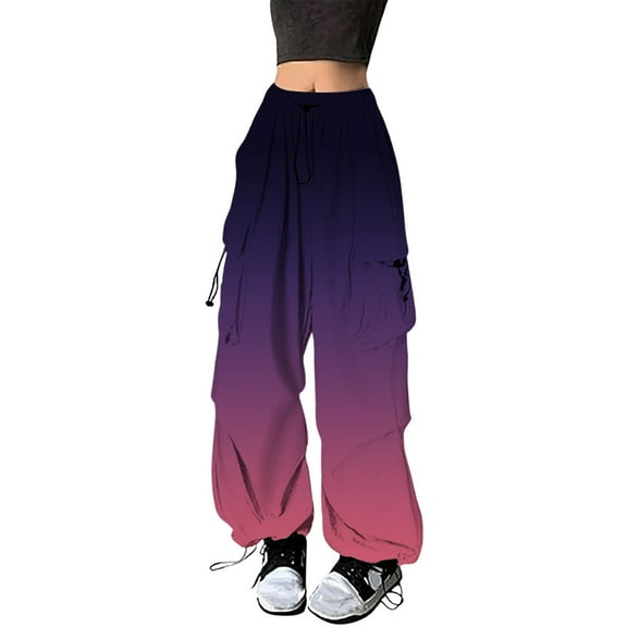 Jamsmile Womens Cargo Pants Baggy Gradient Print Streetwear Joggers Sweatpants Drawstrings Casual Loose Jogger Trousers Pockets